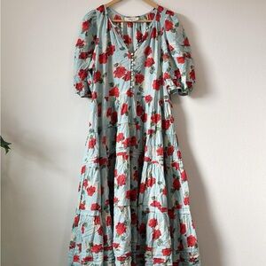 THE GREAT. Red and Blue Tiered Midi Sundress